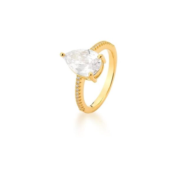 Anel Com Cristal Em Gota E Zircônias Brancas Banhado A Ouro 18k