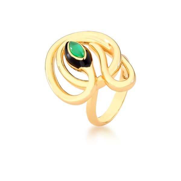 Anel Curvo De Cobra E Cristal Cabochão Esmeralda Banhado A Ouro 18k