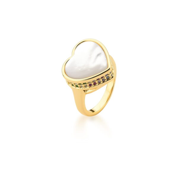 Anel Com Coração Em Madrepérola E Colorido Banhado A Ouro 18k