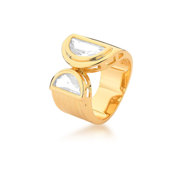 Anel 2 Cristais Lateral Vazada Banho Ouro 18k