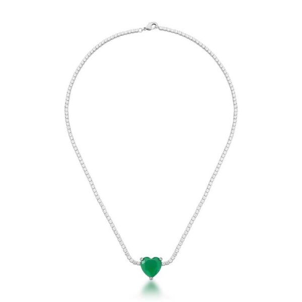 Colar Riveira Pingente Cristal De Coração Esmeralda Banhado A Ródio Branco