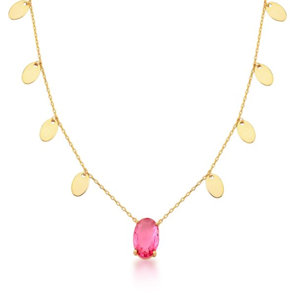 Corrente Com Pingente Cristal Oval Rosa E Pendulos Banho Ouro 18k