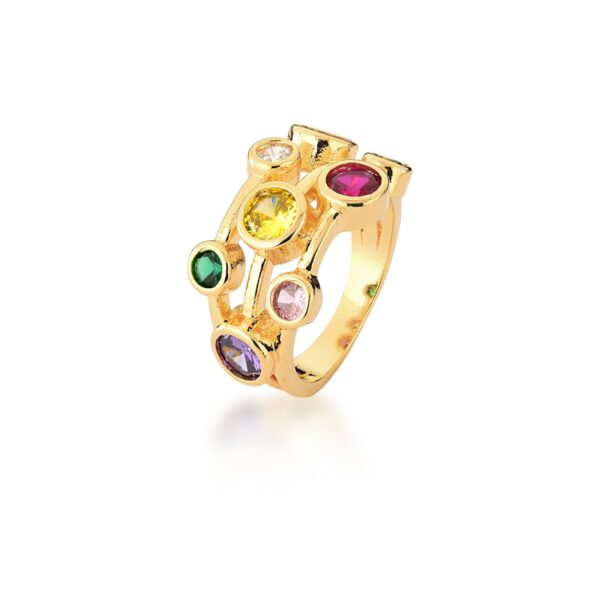 Anel Três Fileiras Com Zircônias Coloridas Banhado a Ouro 18k