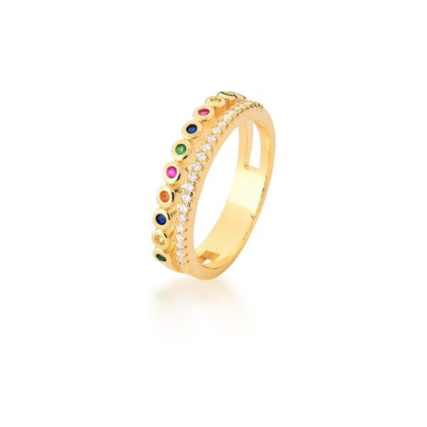 Anel Duas Fileiras Com Zircônias Coloridas Banhado a Ouro 18k