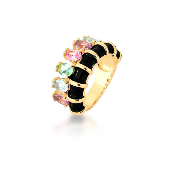 Anel Esmaltado Preto Com Cristais Coloridos Banho Ouro 18k