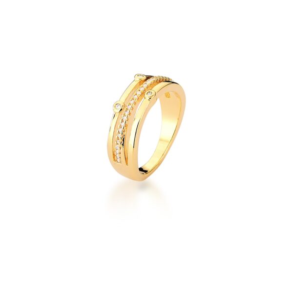 Anel 3 Fileiras Cravejadas E Com Cristais Banho Ouro 18k