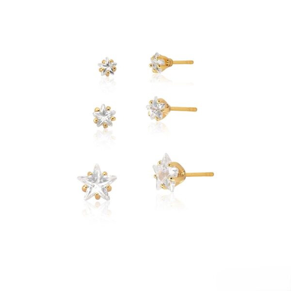 Kit Três Pares De Brincos Cristal Estrela Banho Ouro 18k
