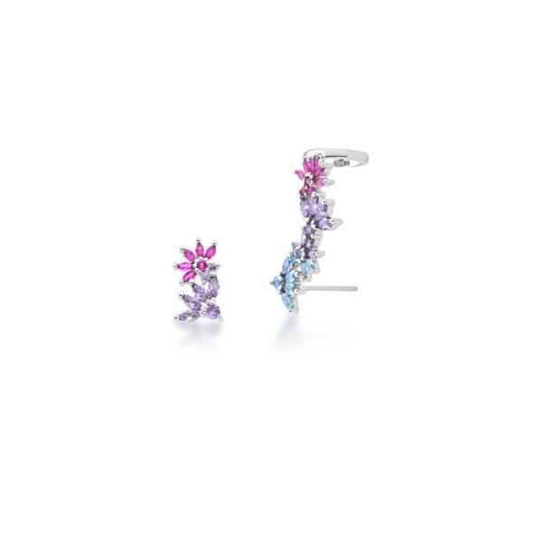 Brinco Assimétrico Flor Com Zircônias Coloridas Banhado a Ródio Branco
