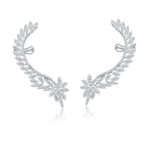 Ear Cuff Folha Fecho Ômega Crav Zircônia Banho Ródio Branco
