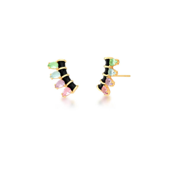 Ear Cuff Esmaltado Preto e Cristais Coloridos Banhado a Ouro18k