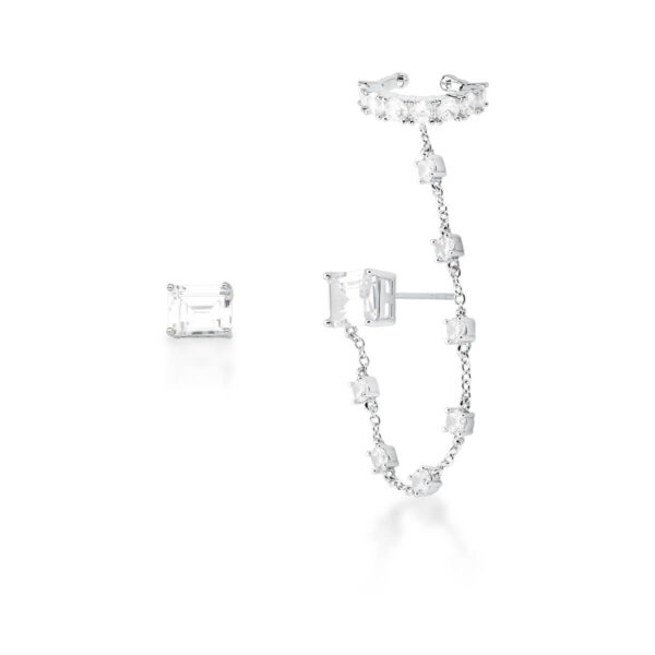 Brinco Assimétrico Ear Line Retangular Branco Banhado a Ródio Branco