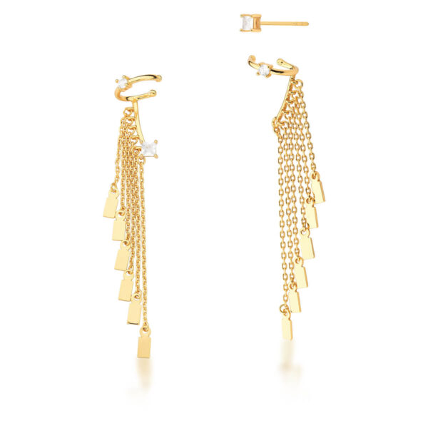 Brinco Ear Line Pêndulo Cravejado Zircônia Banho Ouro 18k