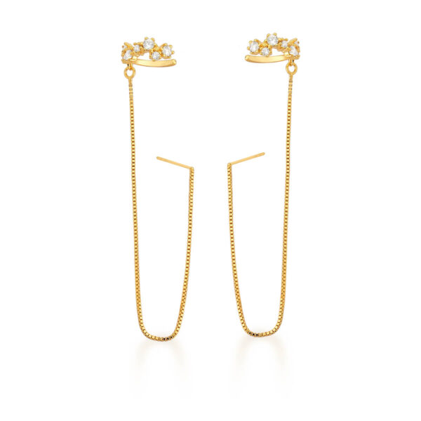 Brinco Com Piercing Cravejado E Corrente Banho Ouro 18k
