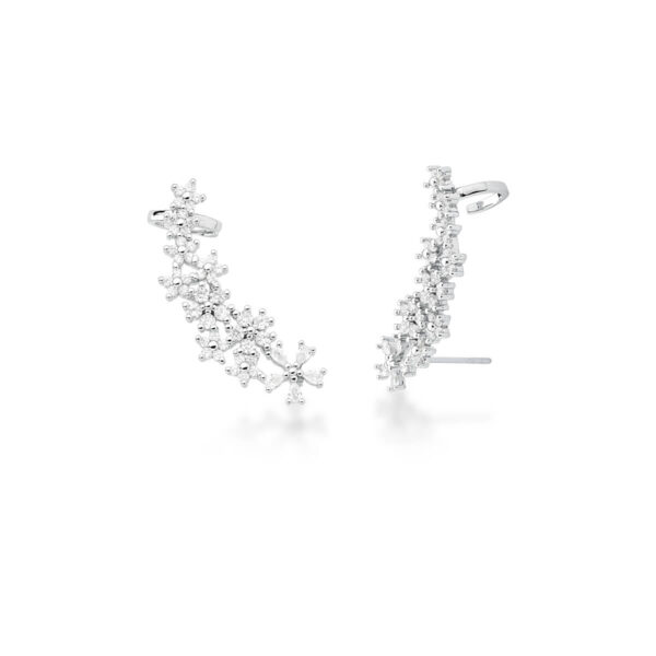 Brinco Ear Cuff Flor Com Zircônias Banhado a Ródio Branco