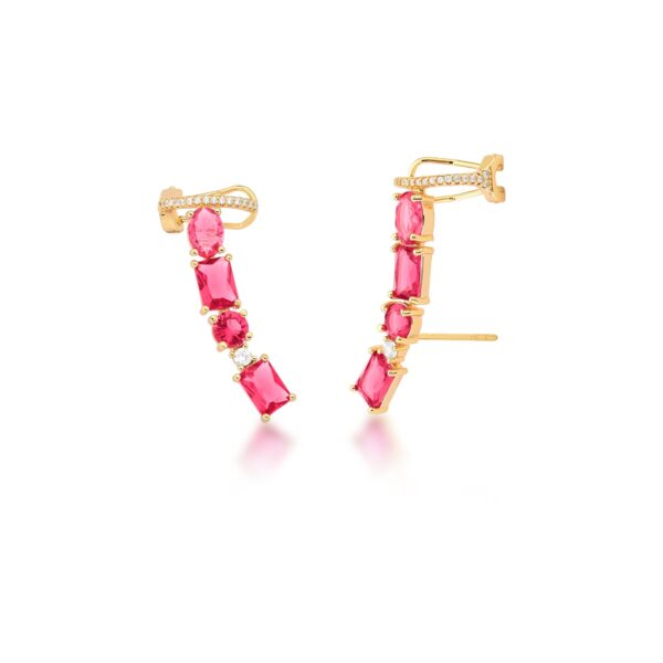 Brinco Ear Cuff Crav Zircônia Com Cristais Rubi Banho Ouro 18k