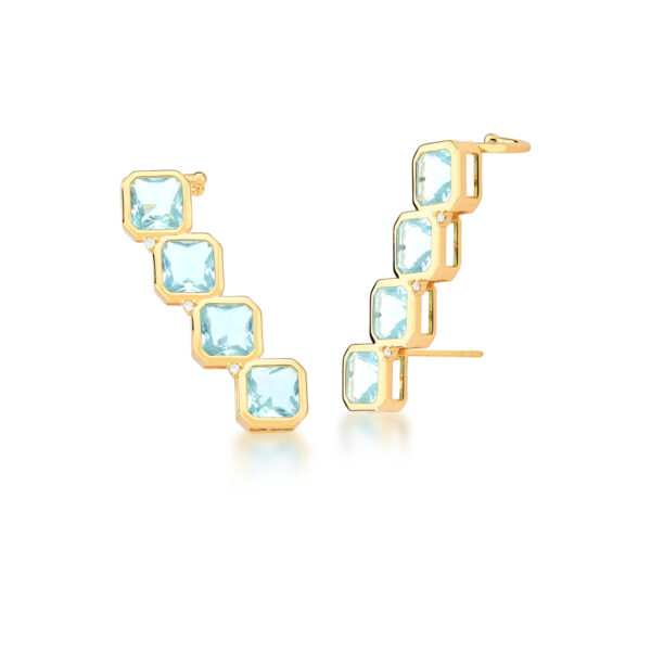 Brinco Ear Cuff Com Cristais Água Marinha Banhado A Ouro 18k