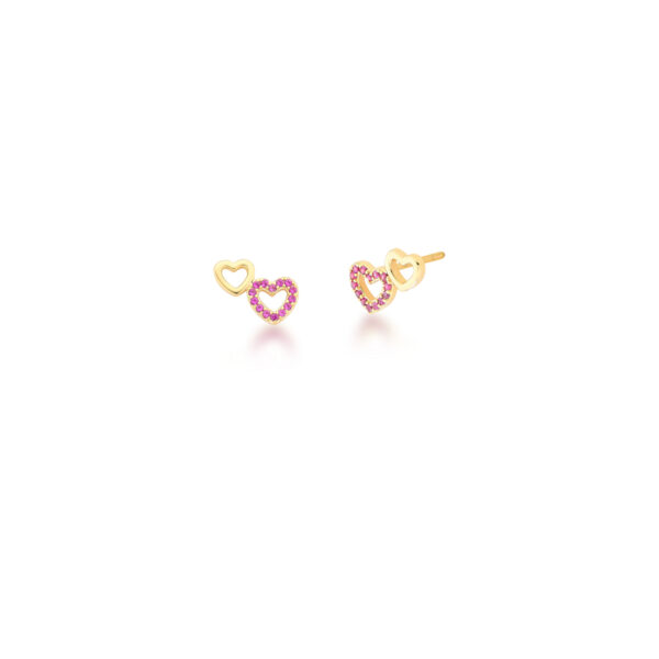 Brinco 2 Corações Cravejado Zircônia Rosa Banho Ouro 18k