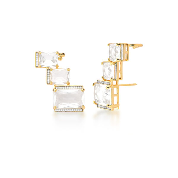 Ear Cuff 3 Cristais E Cravejado Zircônia Banho Ouro 18k