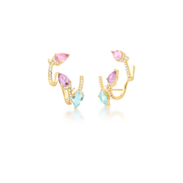 Ear Cuff Curvo Cravejado e 4 Cristais Gota Coloridos Banho Ouro 18k