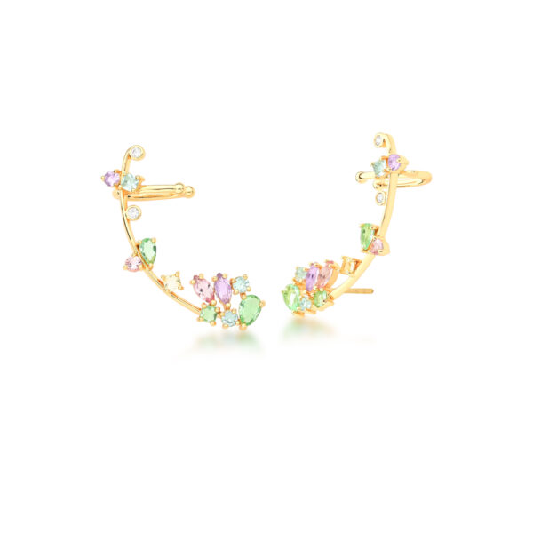 Ear Cuff Curvo Cristais Coloridos Banho Ouro 18k