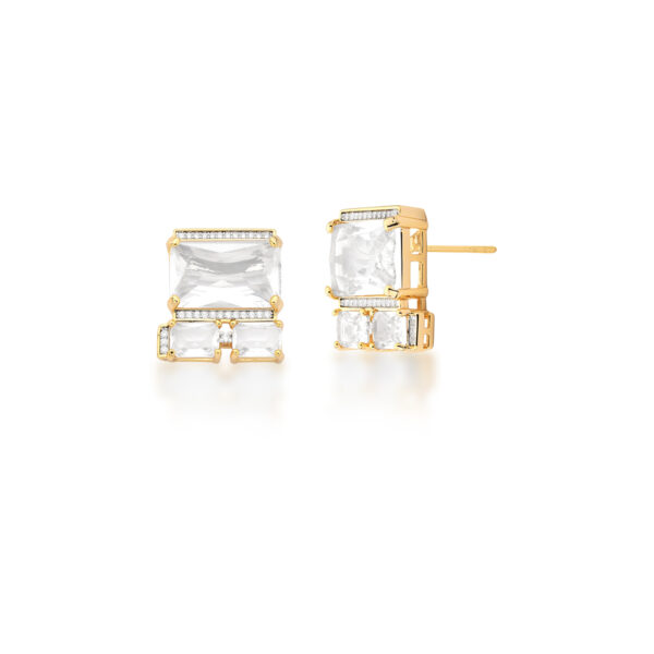 Brinco 3 Cristais Quadrados Crav Zircônia Banho Ouro 18k