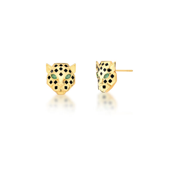 Brinco Leopardo Olhos Esmeralda Banho Ouro 18k