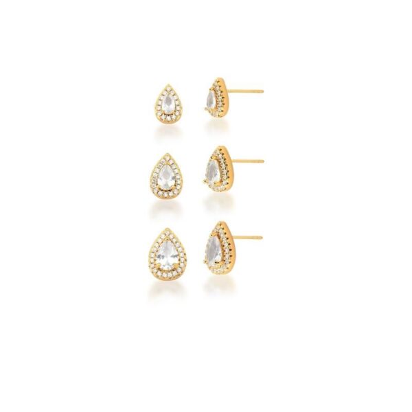 Kit Três Pares De Brinco Cristais Gota Banhado A Ouro 18k