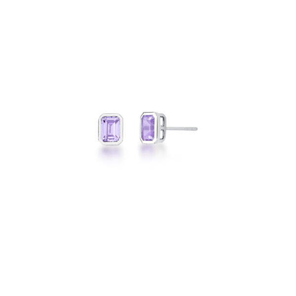 Brinco Retangular Lateral Vazada Cristal Ametista Banho Ródio Branco