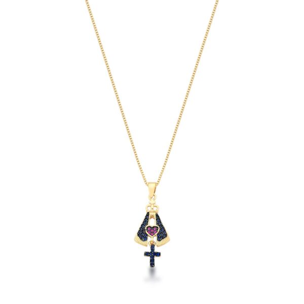 Corrente C/ Ping. N. Sra Aparecida Crav Zircônias Azul Banho Ouro 18k