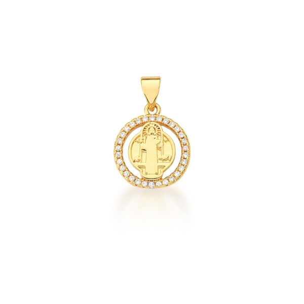Pingente Redondo De São Bento Cravejado Banho Ouro 18k