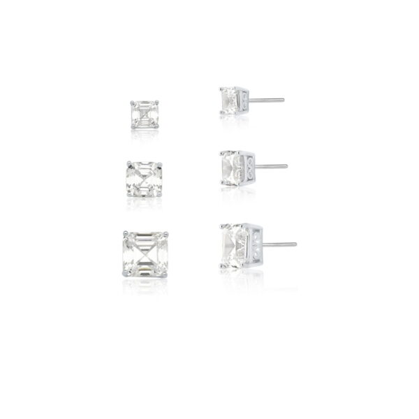 Kit Três Pares De Brincos Com Cristal Quadrado Banho Ródio Branco