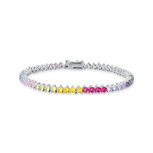 Pulseira Riviera Cristal Redondo Colorido 3 Garras Banho Ródio Branco