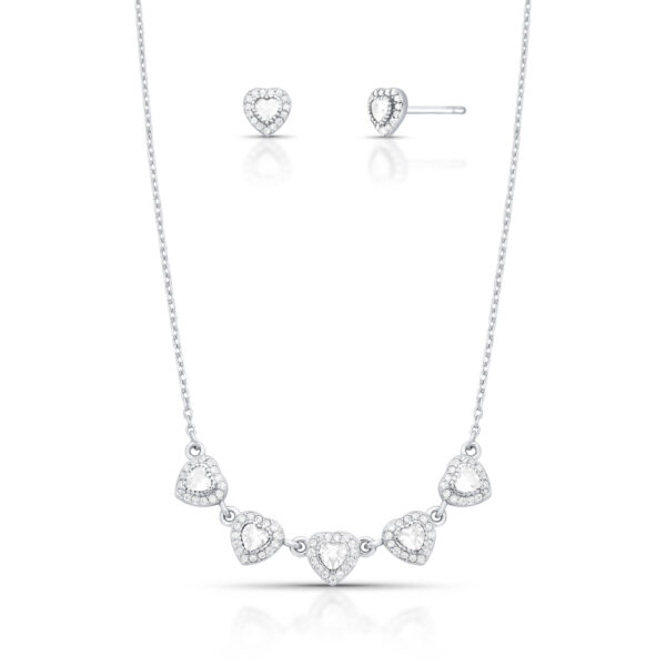 Conjunto Colar E Brinco De Coração Com Cristal Em Prata Rodinada