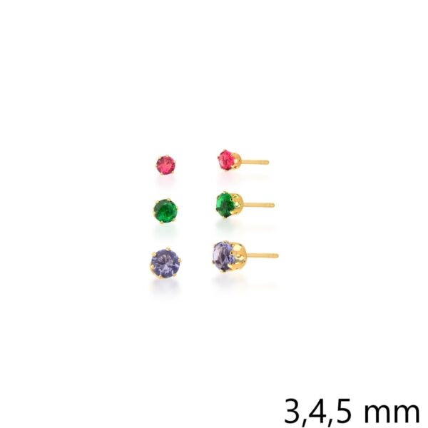 Trio De Brincos Com Cristais Redondos Coloridos Banho Ouro 18k