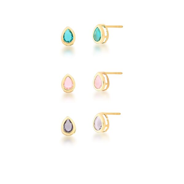 Trio De Brincos Cristal Gota Colorido Banho Ouro 18k