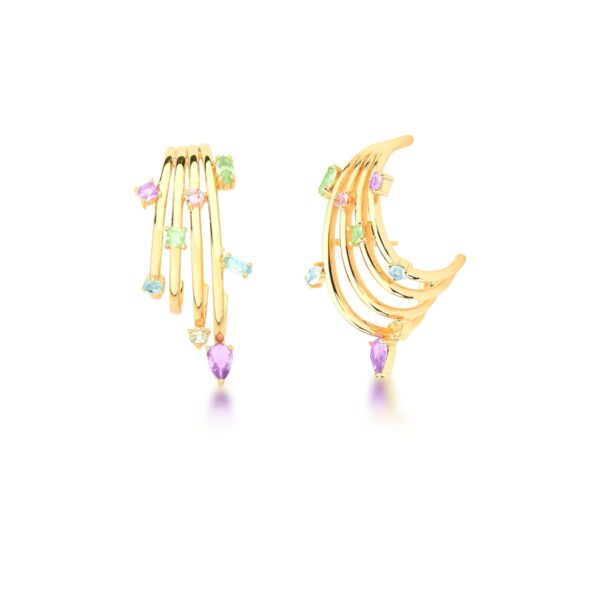 Ear Hook 4 Colunas Cristais Coloridos Banho Ouro 18k