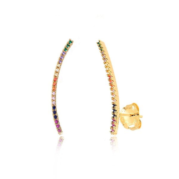Brinco Fileira Cravejada Zircônias Coloridas Banho Ouro 18k