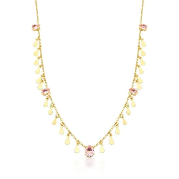 Colar Medalhas E Cristais Gota Rosa Banho Ouro 18k