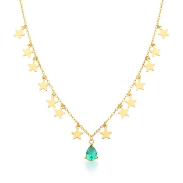 Colar Com Estrelas E Pingente Cristal Em Gota Turmalina Banhado A Ouro 18k