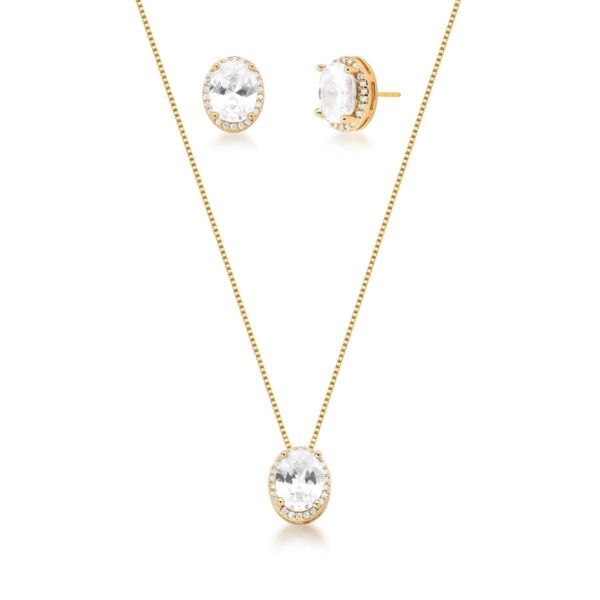 Conjuntos Brincos E Corrente Com Pedra Oval E Cravejados Banho Ouro 18k