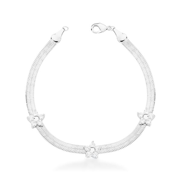 Pulseira Esteira 3 Flores Com Cristais Banho Ródio Branco