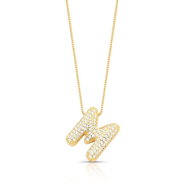 Corrente C/ Ping Letra M Cravejado Zircônia Banho Ouro 18k