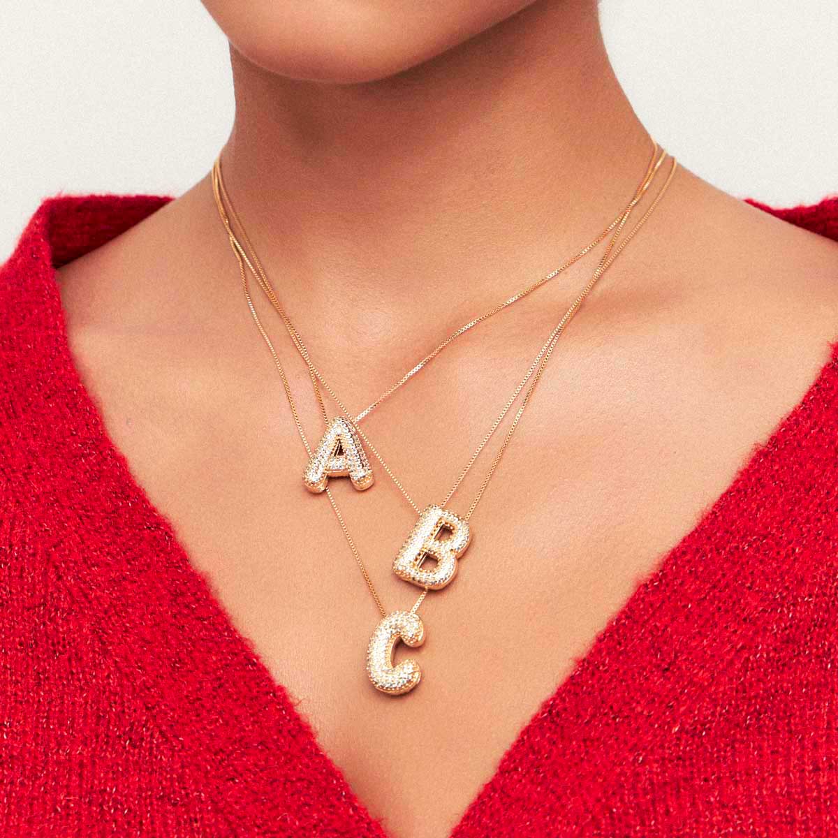 Corrente C/ Ping Letra A Cravejado Zircônia Banho Ouro 18k