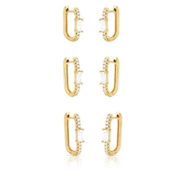 Trio De Argolas Com Cristal Retangular E Cravejado Banho Ouro 18k