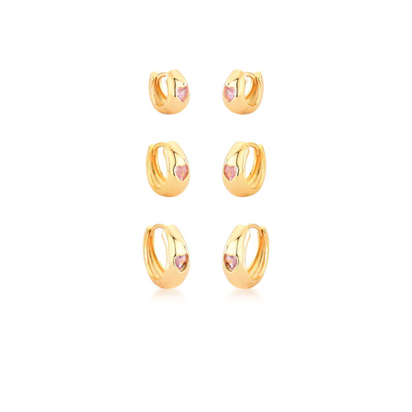 Trio Argola Cristal Coração Rosa Claro Banho Ouro 18k