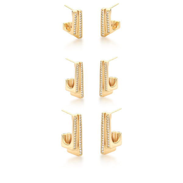Trio Meia Argola Anzol 2 Colunas Cravejadas Banho Ouro 18k