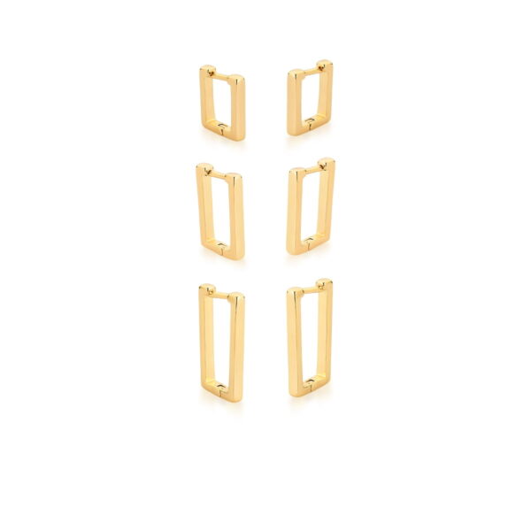 Trio De Argolas Retangulares Banho Ouro 18k