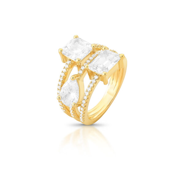 Anel Cristais Quadrados E Gota Cravejado Banho Ouro 18k