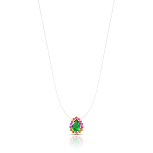 Choker Com Pingente De Gota Verde e Zircônias Rosas Em Fio De Nylon
