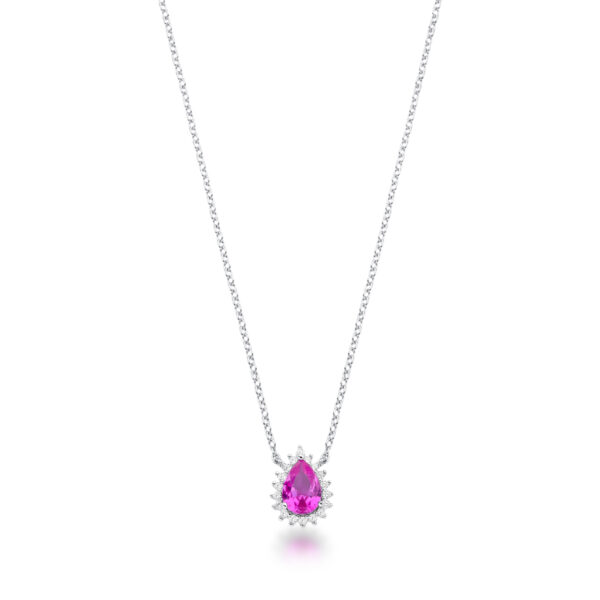 Colar Com Cristal De Gota Rosa E Zircônias Em Prata